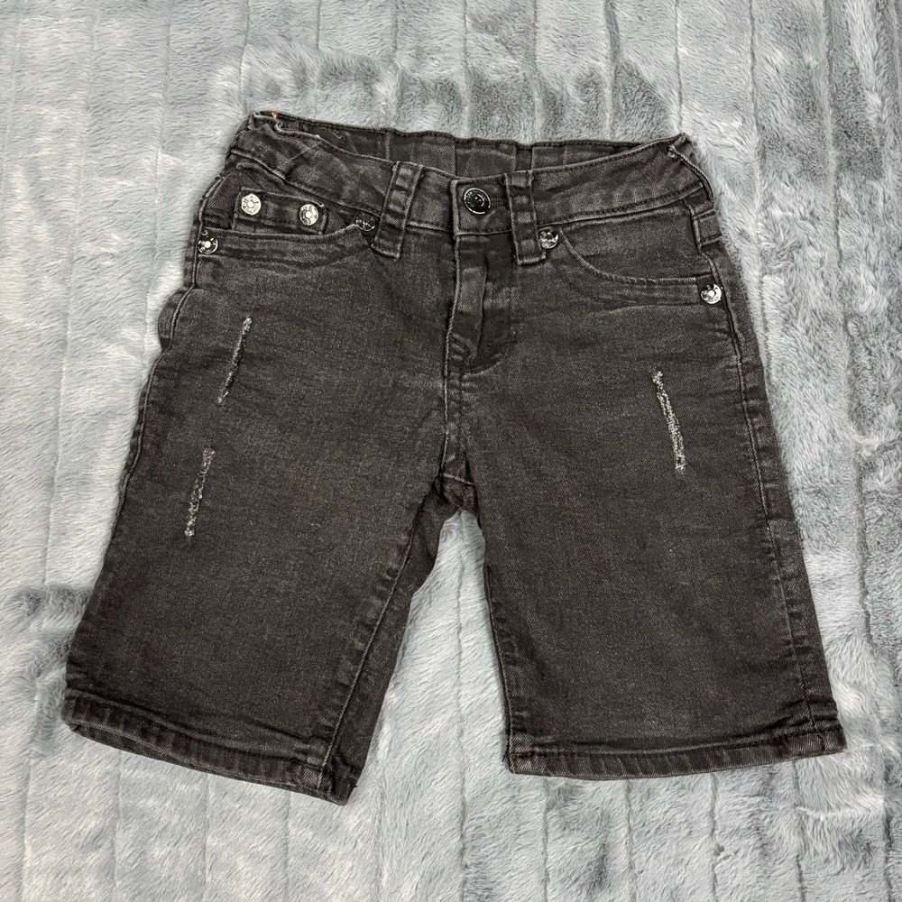 True Religion Geno Relaxed Slim Kids Black Denim Shorts Size 7 Distressed